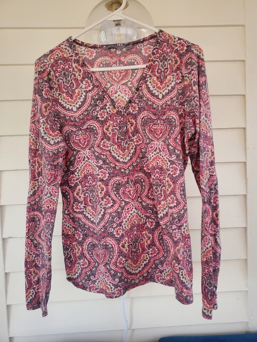 Athleta Pink Paisley V-Neck Long-Sleeve Top